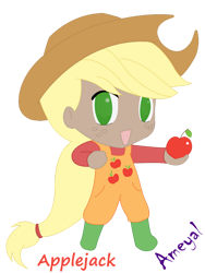 Size: 828x1100 | Tagged: safe, artist:ameyal, applejack, human, g4, apple, clothes, cutie mark on clothes, food, freckles, humanized, simple background, solo, transparent background