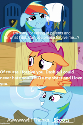 Size: 500x750 | Tagged: artist needed, safe, anonymous artist, edit, edited screencap, screencap, rainbow dash, scootaloo, pegasus, pony, g4, marks and recreation, parental glideance, adopted, adopted offspring, crying, cute, cutealoo, daaaaaaaaaaaw, dashabetes, duo, female, filly, floppy ears, foal, forgiveness, grin, headcanon, headcanon in the description, heartwarming, hoof on chest, i love you, implied bow hothoof, implied windy whistles, mare, meme, scootadoption, scootalove, sibling love, siblings, sisterly love, sisters, smiling, sweet dreams fuel, this will end in hugs, wholesome