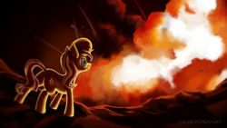 Size: 3482x1959 | Tagged: safe, artist:calebpedigo, sunset shimmer, pony, unicorn, g4, bunset shimmer, butt, female, fiery shimmer, fire, high res, horn, looking at something, mare, plot, solo