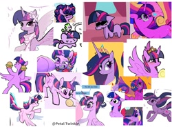 Size: 1440x1058 | Tagged: safe, artist:petaltwinkle, princess cadance, spike, twilight sparkle, alicorn, dragon, pony, unicorn, g4, alternate hairstyle, bipedal, clothes, collage, compilation, dragon hat, dragons riding ponies, eyes closed, female, floppy ears, flower, flower in hair, gritted teeth, hair bun, hat, heart, heart eyes, jester, jester hat, jester outfit, mare, missing cutie mark, new crown, older, older twilight, older twilight sparkle (alicorn), pomni, princess twilight 2.0, riding, scarf, simple background, smiling, solo focus, spike riding twilight, teary eyes, teeth, that pony sure does love burgers, the amazing digital circus, twilight burgkle, twilight sparkle (alicorn), unicorn twilight, white background, wingding eyes, yarn, yarn ball