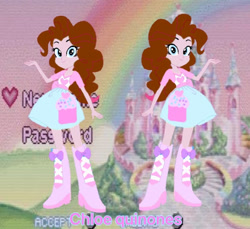 Size: 622x569 | Tagged: safe, oc, oc:chloe quinones, human, equestria girls, g4, boots, castle, clothes, female, high heel boots, jacket, rainbow, recolor, shirt, shoes, skirt, solo, vest