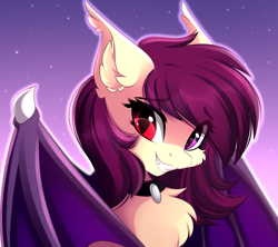 Size: 4444x3941 | Tagged: safe, artist:airiniblock, oc, oc only, oc:angel songbird, bat pony, bat pony oc, bat wings, bust, chest fluff, choker, commission, ear fluff, fangs, female, heterochromia, looking at you, mare, portrait, shy, smiling, smiling at you, solo, wings