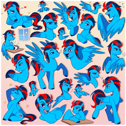Size: 2500x2500 | Tagged: safe, artist:syrupyyy, oc, oc only, oc:andrew swiftwing, pegasus, pony, angry, bored, closed mouth, coffee mug, colored hooves, desk, doodle, flirting, flustered, folded wings, gradient background, grin, heart, high res, looking back, male, mug, one eye closed, open mouth, open smile, pink background, red and blue, sitting, smiling, smug, snorting, sparkles, spread wings, stallion, starry eyes, sweat, sweatdrop, table, turned head, walking, window, wingding eyes, wings, wink