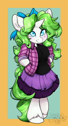 Size: 2115x3900 | Tagged: safe, artist:twisted-sketch, oc, oc only, oc:minty root, unicorn, anthro, unguligrade anthro, bow, clothes, cute, female, hair bow, hands behind back, horn, mare, pleated skirt, shirt, skirt, solo