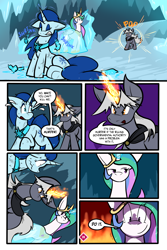 Size: 3000x4500 | Tagged: safe, artist:virmir, princess celestia, oc, oc:snowmare doom, oc:virmare, alicorn, comic:so you've become a pony villain, g4, comic, dialogue, glowing, glowing horn, horn, magic, speech bubble, teleportation, wings