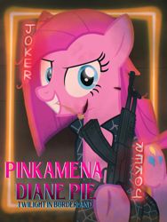 Size: 1200x1600 | Tagged: safe, artist:twital, pinkie pie, earth pony, pony, g4, comic cover, gun, pinkamena diane pie, rifle, solo, straw in mouth, twilight in borderland, weapon