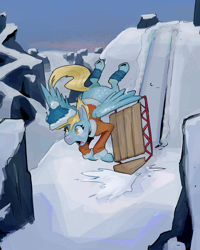 Size: 2640x3300 | Tagged: safe, artist:double-zr-tap, derpy hooves, pegasus, pony, g4, falling, sled, snow, winter
