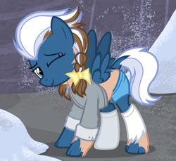 Size: 1200x1100 | Tagged: safe, artist:anonymous, night glider, human, pegasus, pony, g4, /ptfg/, asymmetrical, bow, braid, clothes, dock, female, hair bow, human to pony, mare, mid-transformation, one eye closed, patchy coat, shirt, show accurate, smiling, socks, solo, spread wings, tail, torn clothes, torn socks, transformation, twin braids, underwear, wings