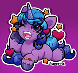 Size: 3969x3703 | Tagged: safe, artist:partypievt, izzy moonbow, pony, unicorn, g5, bracelet, female, friendship bracelet, high res, horn, jewelry, looking at you, lying down, mare, one eye closed, open mouth, purple background, simple background, smiling, smiling at you, solo, unshorn fetlocks, wink, winking at you