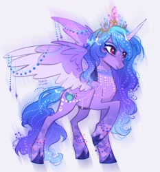 Size: 2200x2361 | Tagged: safe, artist:peachmichea, izzy moonbow, alicorn, pony, g5, accessory, alicornified, beautiful, bracelet, colored, colored wings, concave belly, crown, eyeshadow, female, gradient mane, gradient tail, hanging, high res, horn markings, izzycorn, jewelry, long mane, makeup, mare, necklace, race swap, raised hoof, regalia, slender, solo, standing, tail, thin, two toned wings, unshorn fetlocks, wings