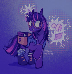 Size: 1431x1470 | Tagged: safe, artist:mary-venom, twilight sparkle, pony, unicorn, g4, abstract background, bag, big eyes, blouse, blushing, book, clothes, eyelashes, female, glasses, glowing, glowing horn, horn, jewelry, library card, magic, mare, mismatched socks, multicolored mane, multicolored tail, necklace, open mouth, purple coat, purple eyes, purple mane, purple tail, raised hoof, round glasses, saddle bag, shirt, shoes, signature, socks, solo, stamp, standing, straight mane, straight tail, tail, telekinesis, unicorn twilight, wingding eyes