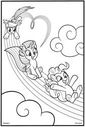 Size: 2081x3101 | Tagged: safe, pinkie pie, rainbow dash, twilight sparkle, alicorn, earth pony, pegasus, pony, g4, official, black and white, border, cloud, coloring book, coloring page, crayola, female, flying, folded wings, grayscale, grin, hasbro, mare, monochrome, open mouth, open smile, rainbow, simple background, sliding, smiling, spread wings, stock vector, trio, trio female, underhoof, white background, wings
