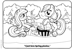Size: 3039x2058 | Tagged: safe, angel bunny, applejack, fluttershy, earth pony, pegasus, pony, rabbit, g4, official, anatomically incorrect, animal, apple, basket, bipedal, bipedal leaning, black and white, coloring book, coloring page, cutlery, dialogue, female, food, fork, grass, grayscale, hoof hold, incorrect leg anatomy, leaning, male, mare, monochrome, open mouth, open smile, outdoors, picnic, picnic basket, picnic blanket, plate, smiling, spoon, spread wings, spring, stock vector, tree, trio, wings