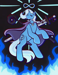 Size: 1582x2048 | Tagged: safe, artist:little-sw33tie, trixie, pony, unicorn, mad this time, queen of misfits, vylet pony, g4, black background, cape, clothes, eyes closed, female, horn, mare, simple background, solo, trixie's cape
