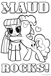 Size: 2057x3029 | Tagged: safe, maud pie, pinkie pie, earth pony, pony, g4, official, bipedal, black and white, coloring book, coloring page, cute, duo, duo female, female, grayscale, grin, heart, hug, mare, monochrome, pun, scan, siblings, simple background, sisters, smiling, text, truth, white background