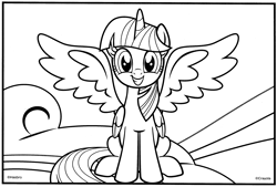 Size: 3108x2100 | Tagged: safe, twilight sparkle, alicorn, pony, seraph, seraphicorn, g4, official, cloud, coloring book, coloring page, crayola, error, female, folded wings, four wings, front view, grin, hasbro, looking at you, mare, multiple wings, rainbow, sitting, smiling, solo, spread wings, stock vector, twilight sparkle (alicorn), wings
