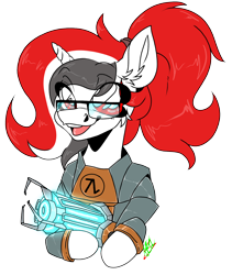 Size: 1464x1732 | Tagged: artist needed, safe, oc, oc only, oc:red rocket, unicorn, clothes, cosplay, costume, eyes open, glasses, gravity gun, half-life, half-life 2, happy, hev suit, horn, lambda, red eyes, simple background, solo, transparent background