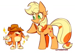 Size: 1199x850 | Tagged: safe, artist:wutanimations, applejack, earth pony, g4, applejack's hat, australian cattle dog, bingo heeler, bluey, cowboy hat, crossover, cute, emanata, eye clipping through hair, female, hat, mare, open mouth, raised hoof, simple background, smiling, sparkles, sweat, sweatdrops, white background