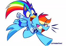 Size: 3048x2160 | Tagged: safe, artist:wutanimations, rainbow dash, pegasus, pony, g4, australian cattle dog, bluey, bluey heeler, crossover, cute, emanata, eye clipping through hair, female, flying, mare, open mouth, piggyback ride, simple background, spread wings, white background, wings