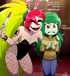 Size: 2034x2234 | Tagged: safe, artist:the-butch-x, wallflower blush, human, equestria girls, g4, bare shoulders, bunny suit, clothes, corset, crossover, demencia, duo, eyeshadow, fangs, female, fishnet clothing, fishnet stockings, i think we're gonna have to kill this guy, knife, makeup, meme, nail polish, open mouth, playboy bunny, scared, sleeveless, spiked wristband, stockings, strapless, striped sweater, sweater, tattoo, thigh highs, this will end in death, villainous, wristband