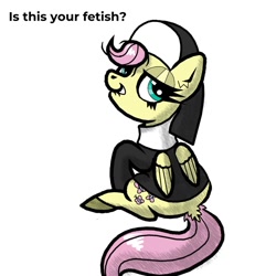 Size: 997x1080 | Tagged: safe, artist:scandianon, fluttershy, pegasus, pony, g4, bedroom eyes, female, flutternun, lip bite, looking at you, looking back, looking back at you, mare, nun, nun outfit, simple background, sitting, solo, talking to viewer, white background