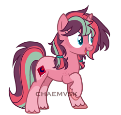Size: 1700x1609 | Tagged: safe, artist:chaemvsk, oc, oc only, oc:cassidy jones apple, pony, unicorn, base used, coat markings, female, hair tie, horn, mare, multicolored hair, offspring, open mouth, open smile, parent:big macintosh, parent:twilight sparkle, parents:twimac, signature, simple background, smiling, solo, striped mane, transparent background, unshorn fetlocks