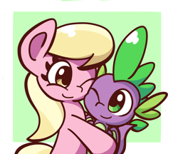 Size: 1600x1384 | Tagged: safe, artist:derp pone, lily, lily valley, spike, dragon, earth pony, g4, cute, duo, duo male and female, female, hug, interspecies, male, ship:lilyspike, shipping, simple background, straight
