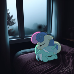 Size: 768x768 | Tagged: safe, artist:londynlittleartist, bon bon, lyra heartstrings, sweetie drops, earth pony, pony, unicorn, g4, cuddling, duo, eyes closed, female, horn, irl, lesbian, lying down, mare, photo, ponies in real life, prone, ship:lyrabon, shipping, sleeping, window