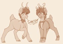 Size: 4208x2928 | Tagged: safe, artist:czu, oc, oc:balcony blitz, oc:wicker wind, deer, best friends, clothes, cloven hooves, deer oc, harness, jingle bells, looking at you, non-pony oc, open mouth, open smile, raised hoof, scarf, simple background, smiling, tan background