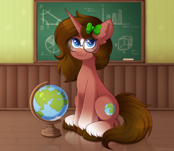 Size: 3000x2600 | Tagged: safe, artist:madelinne, oc, oc only, oc:globetrotter, unicorn, blaze (coat marking), bow, chalkboard, classroom, coat markings, facial markings, globe, hair bow, horn, reflection, school, solo, unicorn oc