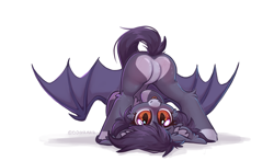 Size: 2384x1403 | Tagged: safe, artist:dorkmark, oc, oc only, oc:pestyskillengton, bat pony, pony, :p, bat pony oc, bat wings, blushing, butt, butt blush, butt focus, chibi, featureless crotch, flexible, heart butt, plot, simple background, solo, tongue out, white background, wings