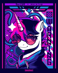 Size: 2400x3000 | Tagged: safe, artist:poxy_boxy, oc, oc only, pony, unicorn, abstract background, bust, clothes, commission, hoodie, horn, limited palette, smiling, solo, sunglasses, text
