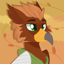 Size: 1200x1200 | Tagged: safe, artist:modularpon, oc, oc only, oc:pavlos, griffon, animated, bandage, beak, broken bone, broken wing, bust, cast, cheek fluff, clothes, colored wings, commission, eared griffon, gif, griffon oc, headshot commission, hoodie, injured, male, non-pony oc, smiling, solo, wings