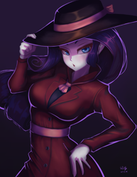 Size: 772x1000 | Tagged: safe, artist:the-park, rarity, equestria girls, g4, arms, breasts, bust, clothes, coat, detective, detective rarity, female, fingers, hand, hand on hip, hat, long hair, o mouth, simple background, solo, teenager, trenchcoat