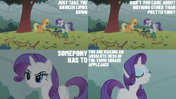 Size: 2000x1125 | Tagged: safe, edit, edited screencap, editor:quoterific, screencap, applejack, rarity, earth pony, pony, unicorn, g4, look before you sleep, season 1, branches, female, horn, lasso, mare, rope, sticks, tree