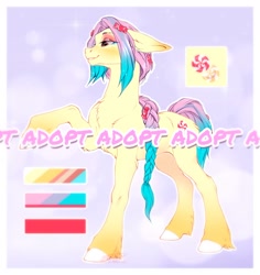 Size: 1840x1947 | Tagged: safe, artist:rrusha, oc, oc only, earth pony, abstract background, adoptable, braid, chest fluff, female, mare, reference sheet, solo, unshorn fetlocks, watermark