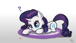 Size: 1775x1000 | Tagged: safe, artist:the-park, rarity, pony, g4, behaving like a cat, gradient background, laser pointer, lying down, question mark, solo