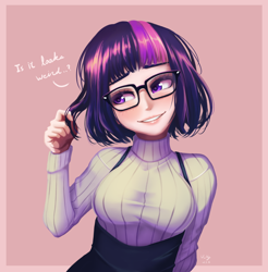 Size: 984x1000 | Tagged: safe, artist:the-park, sci-twi, twilight sparkle, human, equestria girls, g4, alternate hairstyle, breasts, busty twilight sparkle, clothes, cute, female, glasses, grammar error, meganekko, short hair, solo, sweater puppies, turtleneck, twiabetes