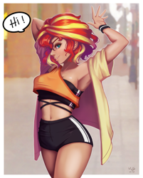 Size: 803x1000 | Tagged: safe, artist:the-park, sunset shimmer, human, g4, armpits, female, humanized, midriff, short hair, solo