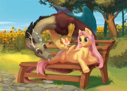 Size: 3626x2598 | Tagged: safe, artist:rrusha, discord, fluttershy, draconequus, pegasus, pony, g4, bench, duo, female, flower, lying down, male, mare, prone, ship:discoshy, shipping, straight, sunflower