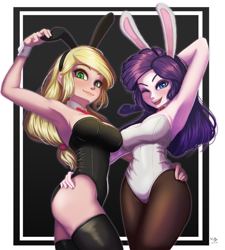 Size: 899x1000 | Tagged: safe, artist:the-park, applejack, rarity, human, g4, armpits, bare shoulders, bunny ears, bunny suit, clothes, duo, female, humanized, lesbian, playboy bunny applejack, playboy bunny rarity, ship:rarijack, shipping, sleeveless, socks, thigh highs
