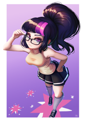 Size: 706x1000 | Tagged: safe, artist:the-park, sci-twi, twilight sparkle, human, equestria girls, g4, bare shoulders, cutie mark background, female, glasses, gradient background, grumpy, light skin, ponytail, sleeveless, solo, stare
