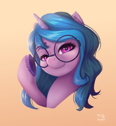 Size: 918x1000 | Tagged: safe, artist:the-park, izzy moonbow, pony, unicorn, g5, bust, female, glasses, gradient background, hoof heart, horn, looking at you, mare, smiling, smiling at you, solo, underhoof, unshorn fetlocks