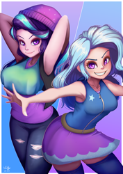 Size: 706x1000 | Tagged: safe, artist:the-park, starlight glimmer, trixie, human, equestria girls, g4, armpits, bare shoulders, duo, female, gradient background, sleeveless