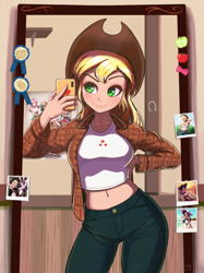 Size: 746x1000 | Tagged: safe, artist:the-park, applejack, human, equestria girls, g4, applejack's cutie mark, applejack's hat, belly button, blue ribbon, breasts, busty applejack, cellphone, clothes, cowboy hat, cutie mark on clothes, female, hat, midriff, mirror, mirror selfie, phone, photo, pose, reflection, selfie, smartphone, solo