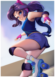 Size: 706x1000 | Tagged: safe, artist:the-park, rarity, human, equestria girls, g4, armpits, bare shoulders, clothes, elbow pads, female, headphones, human coloration, knee pads, ponytail, roller skates, shorts, skates, sleeveless, solo