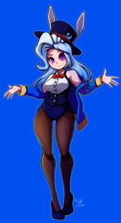 Size: 542x1000 | Tagged: safe, artist:the-park, trixie, human, equestria girls, g4, bare shoulders, blue background, breasts, bunny ears, busty trixie, clothes, female, human coloration, jersey, magician outfit, pantyhose, simple background, solo