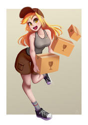 Size: 706x1000 | Tagged: safe, artist:the-park, derpy hooves, human, equestria girls, g4, bare shoulders, box, breasts, busty derpy hooves, clothes, delivery, female, gradient background, human coloration, open mouth, open smile, passepartout, sleeveless, smiling, solo, tank top, this will end in property damage, underp