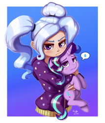 Size: 857x1000 | Tagged: safe, artist:the-park, gameloft, starlight glimmer, trixie, human, pony, unicorn, g4, my little pony: magic princess, alternate hairstyle, babysitter trixie, blush lines, blushing, clothes, duo, female, gradient background, grumpy, holding a pony, hoodie, horn, humanized, lesbian, looking at you, mine!, passepartout, pictogram, pigtails, possessive, ship:startrix, shipping, sweat, twintails