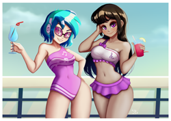 Size: 1410x1000 | Tagged: safe, artist:the-park, dj pon-3, octavia melody, vinyl scratch, human, equestria girls, g4, bare shoulders, belly button, bikini, breasts, clothes, drink, drinking straw, duo, female, glass, headphones, looking at you, one-piece swimsuit, reasonably sized breasts, sleeveless, smiling, smiling at you, sunglasses, swimsuit, wine glass